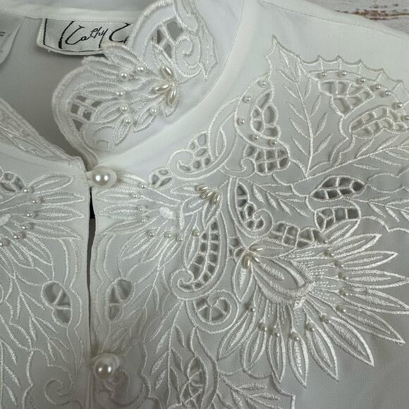 Womens Kathy Che White Victorian Romantic Pearl Button High Neck Satin Blouse 8 - Picture 4 of 7